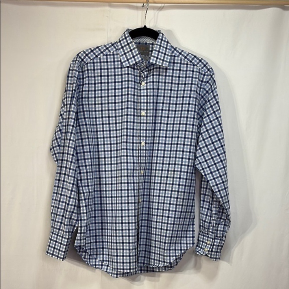 🎹Thomas Dean cotton Blue and White Dress Shirt with Checkered Pattern